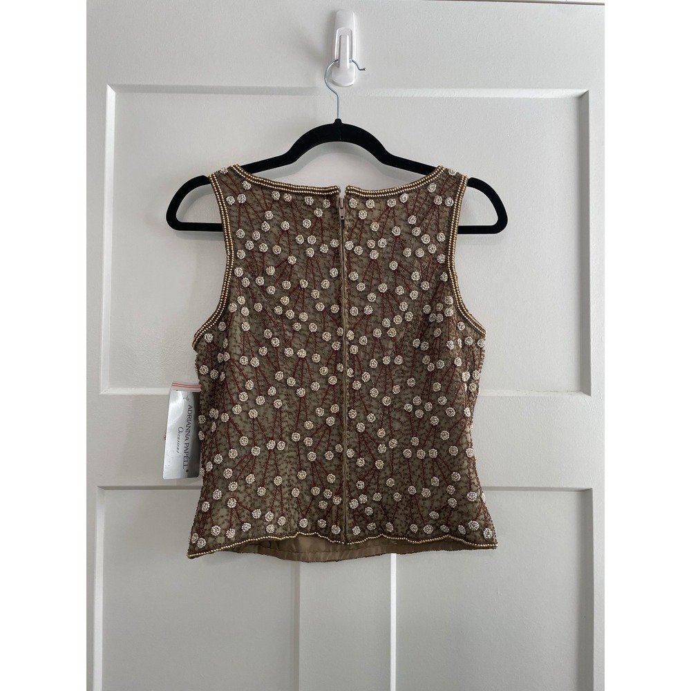 NWT Adrianna Papell Occasions Silk Beaded Top Taupe Gold Petite 6 - Picture 7 of 8